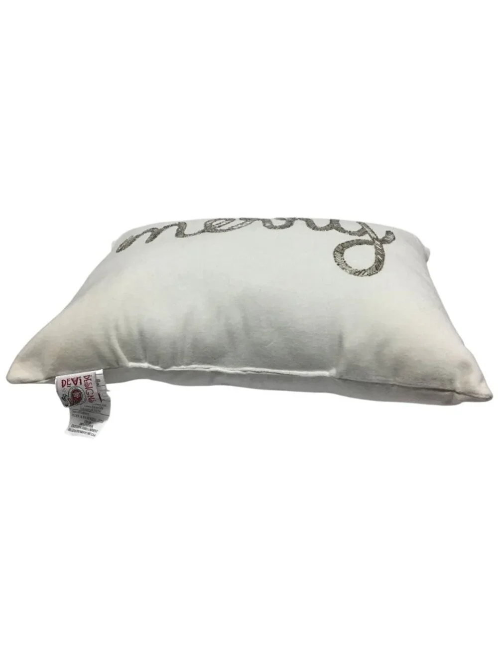 Christmas Silver Beaded Merry Design White Cotton Throw Pillow Devi Designs